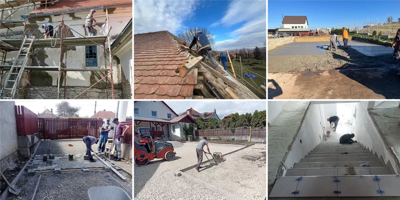 Csapataink munka közben: homlokzatfelújítás, tetőfedés, betonozás, térkövezés, tömörítés és burkolás.